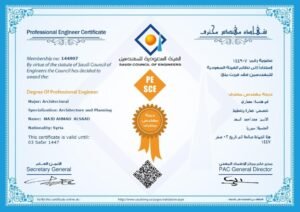 Professional Engineer Certification – Saudi Council of EngineersSpecialization: Architecture & Planning.