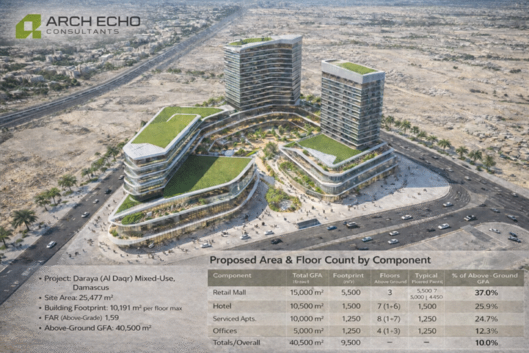 تصميم معماري وخدمات استشارية هندسية متكاملة لمشروع متعدد الاستعمالات في داريا - ماروتا سيتي